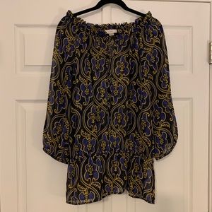 LOFT L Long Sleeve Sheer Purple/Gold Geo Print Top